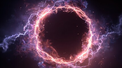 A vibrant ring of energy, crackling with electric light, surrounds a dark, circular void in space