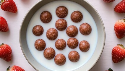 Cereal spheres in milk with surrounding strawberries