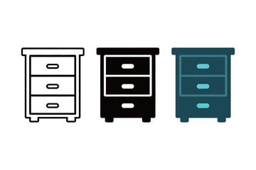 Three Drawer File Cabinet Nightstand Line and Glyph Icon Set
