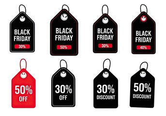 Photo of collection of black friday sale tags isolated on white background, offering discounts, perfect for advertising and promotional campaigns
