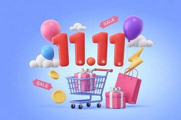 3d rendering 11.11 shopping day sale with gift and balloon