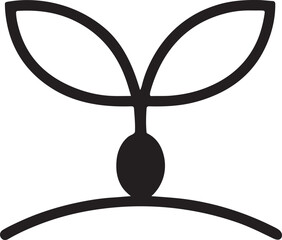 Minimal seed with two leaves line icon silhouette, symbolizing growth and nature concept.