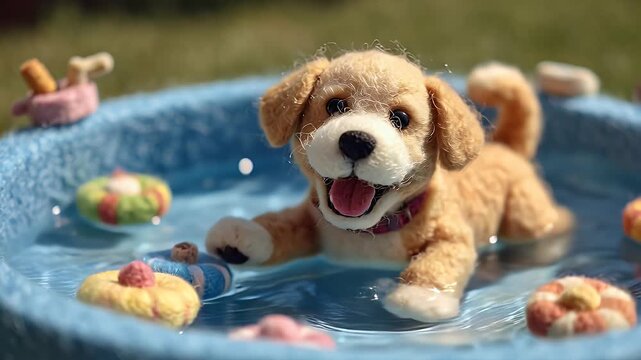 Miniature golden retriever dog in a pool with floating toys on sunny day