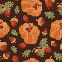 pattern with round orange autumn pumpkins with autumn plants namely oak branches with ripe acorns on a brown background, for seasonal autumn designs