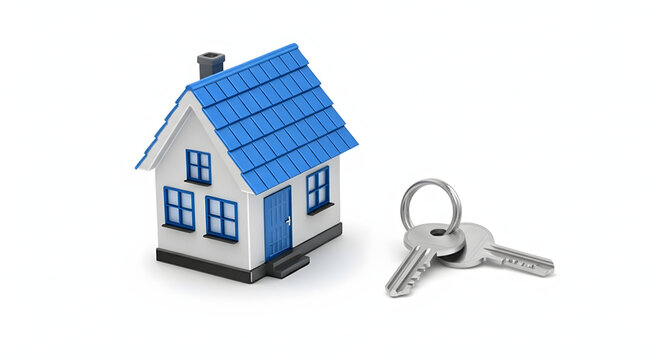 A blue 3D model of a house with a set of keys on a white isolated background.
