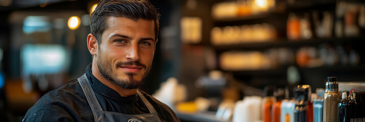 Portrait of handsome and friendly young barista or bartender with stylish beard and black apron, smiling confidently in softly lit, warm cafe or bar environment.