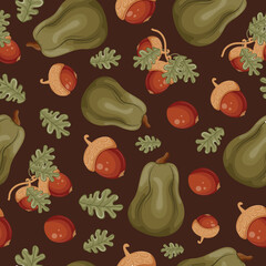 pattern with autumn harvest of green long pumpkins and oak branches with ripe brown acorns on a brown background, for autumn seasonal designs, textiles or packaging