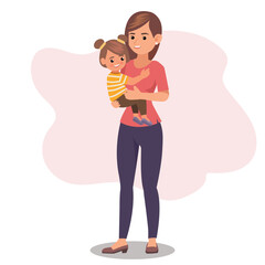 Young mother is cuddled by daughter .Mom holding her daughter.  Concept of diverse family . flat vector illustrations