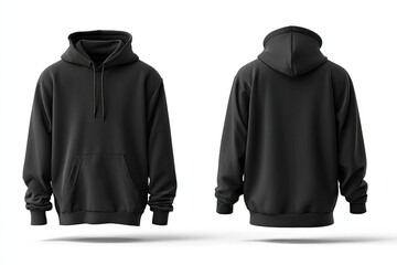 A plain black pullover hoodie, shown from front and back views against a white background; showcasing its simple, solid design and comfortable fit