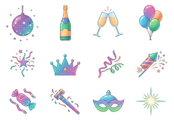 Collection of colorful party icons with disco ball champagne and fireworks bottle glasses