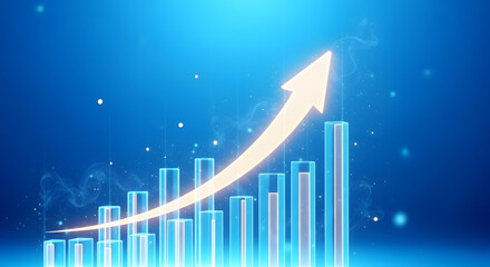An upward trending bar graph with an arrow, representing growth and success in business.