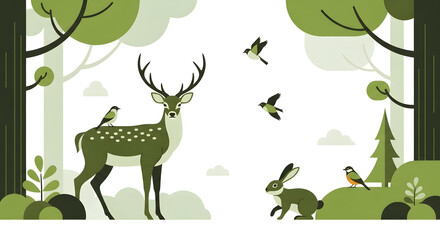 A serene forest scene featuring a majestic deer, a playful rabbit, and several birds amidst lush greenery and trees.