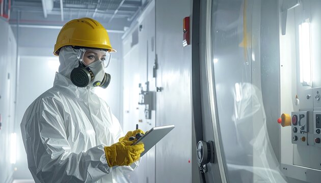 Protective-suited hazmat technicians checking pipelines and turbine systems within a nuclear facility, highlighting industrial safety and energy infrastructure.