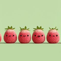 Cute Strawberries Smiling in a Row on Pastel Background Playful Concept