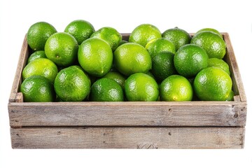 A rustic wooden crate overflowing with vibrant, glossy, green limes against a stark white background