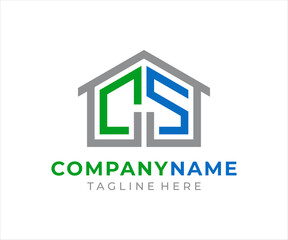 The logo design combines the letters CS and a house, using the colors gray, green, and blue.