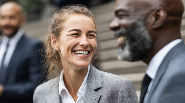 Business professionals engage in networking and conversation during a corporate event in a city outdoor setting