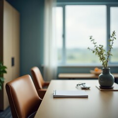 Fototapeta premium Peaceful office scene with muted blues, tan furniture, and soft focus on window