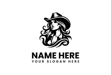 Silhouette of a Cowgirl with Flowing Hair and Cowboy Hat Logo.
