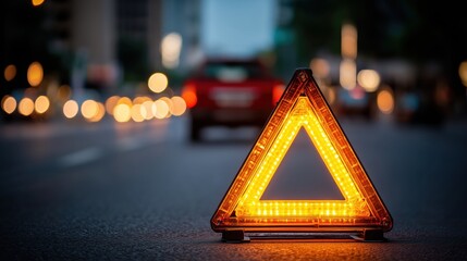A glowing orange LED warning triangle set up on a dark city road to signal a car breakdown