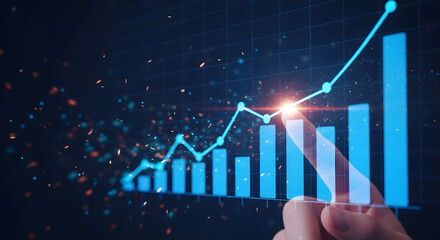 Bar graph showing an upward trend with a hand pointing to the highest point.