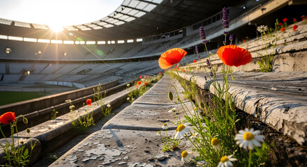 Red poppies and daisies bloom in the cracked concrete seats of an abandoned sports stadium at sunset.