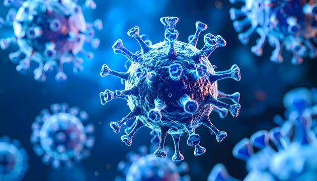 A microscopic 3D rendering of multiple virus particles, likely Coronavirus or COVID-19, with spike proteins on a dark blue background, representing disease and pandemic.