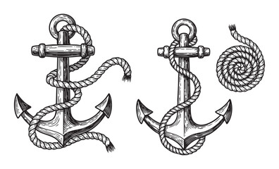  Nautical Anchor Vintage Ship Anchors Wrapped in Rope Engraving Set Element Illustration © trianatio