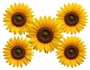 Obraz premium Five yellow sunflowers arranged on clean white background