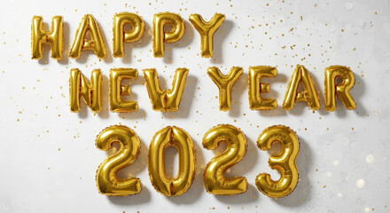 Fototapeta premium Golden Balloons Shaping Happy New Year 2023 Festive Joy Decoration on White Background Glittering Confetti