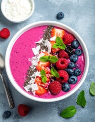 Fresh smoothie bowl with berries, chia seeds, coconut flakes, top view, bright colors, food photography 