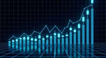 A glowing blue financial bar chart and line graph showing positive growth and upward trends on a digital grid background.