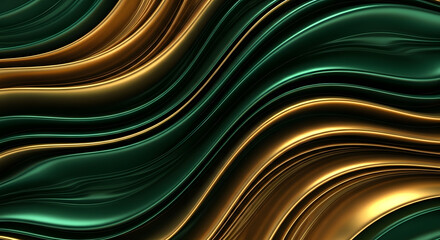 Abstract background of flowing metallic waves in luxurious gold and emerald green, creating a fluid and elegant design.