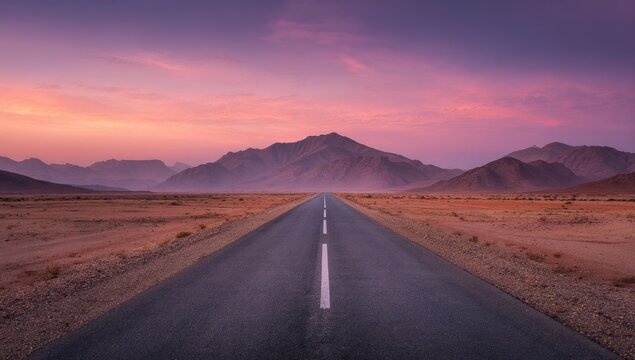 A long, straight asphalt road vanishes into a hazy desert landscape at sunset, silhouetted against a vibrant purplish-pink sky and distant mountains