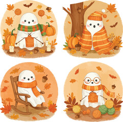 Cute autumn owl illustrations four seasons fall theme art designs