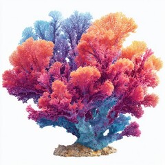 Fototapeta premium Vibrant coral-like sculpture with pastel pink, orange, and blue hues, set on a small, light beige base, isolated against a white background