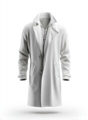 A long-sleeved, light-grey, collared overcoat with button closure, side pockets, and a subtly-defined waist hangs against a white background