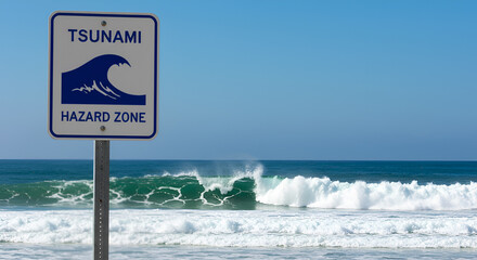 A tsunami hazard zone sign stands before the ocean waves and blue sky.