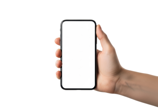 Young caucasian hand holds sleek modern black smartphone horizontally with blank white screen, isolated on seamless transparent studio background with copy space, product display concept