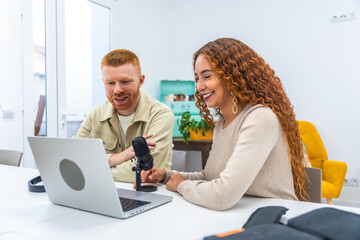Diverse friends recording a podcast, creating online content