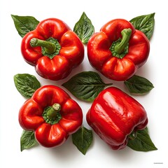 Four vibrant red bell peppers arranged symmetrically on a white background, adorned with fresh green leaves