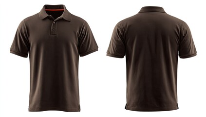 A chocolate-brown short-sleeved polo shirt shown from front and back, displaying a simple, classic design with a subtle orange inner collar