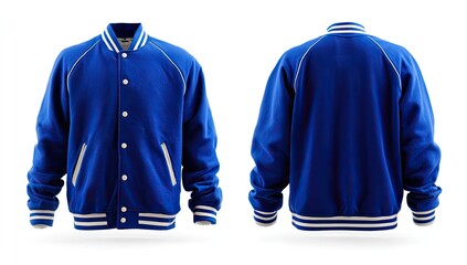 Vivid blue varsity jacket, front and back views, featuring white ribbed cuffs and collar, button closure, and clean design