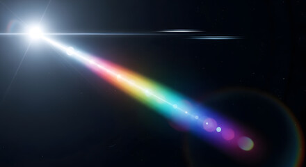 A brilliant starburst emits a vibrant rainbow light beam, creating a spectacular lens flare effect across a dark, cosmic background.