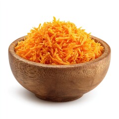 A small wooden bowl brimming with finely shredded, bright orange carrots, set against a stark white background (1)