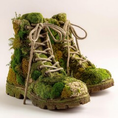 A pair of sturdy boots entirely covered in vibrant green moss and small yellow flowers, with beige laces, presented against a plain white background
