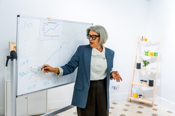 Senior woman teaching business data on whiteboard