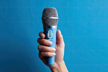A hand holds a light blue microphone against a vibrant blue background; a microphone icon is subtly displayed on the mic