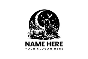 Spooky Raven and JackoLantern Under Crescent Moon Logo Design.