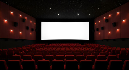 Obraz premium An empty movie theater auditorium with red seating facing a blank white screen, ready for a film.